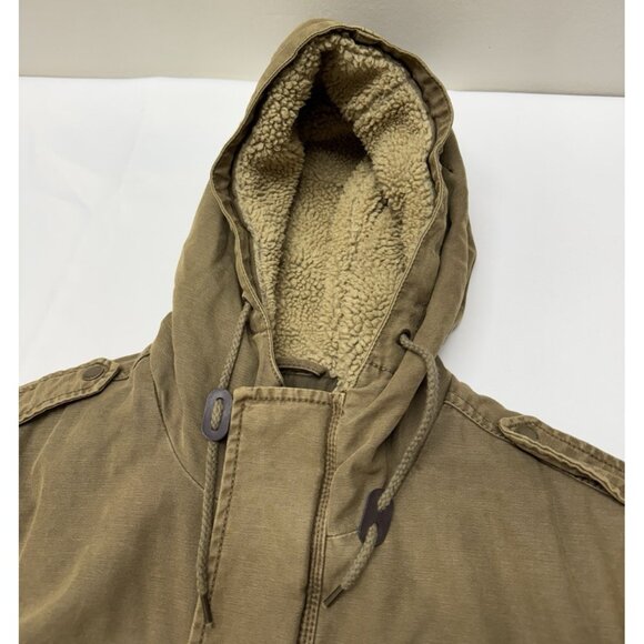 Guess Mens M Coat Khaki Twill Field Jacket Sherpa Hood Quilt Liner Mid Length - Picture 9 of 11